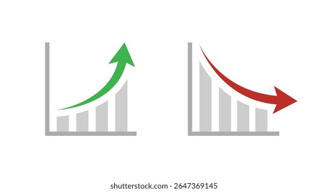 Ícone de crescimento e declínio do gráfico de barras em estilo simples. Símbolo de gráfico de seta para cima e para baixo. Elementos infográficos