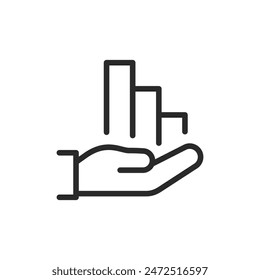 Bar graph in hand, linear style icon. data management or support. Editable stroke width.