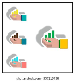bar graph and hand Vector illustration collection in paper sticker style of column chart in hand