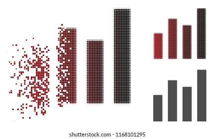 Bar graph icon in fractured, pixelated halftone and undamaged entire versions. Points are grouped into vector disappearing bar graph shape.