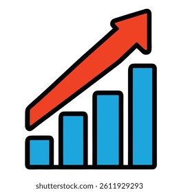 Bar graph icon with upward arrow in cartoon style showing business growth success and analytics use in presentations dashboards and marketing without special characters