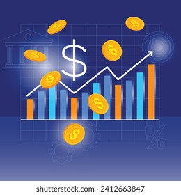 Bar graph increase, business grow up arrow direction to success and gold dollar coins falling as a gimmick of return on investment. Vector illustration outline flat design style.