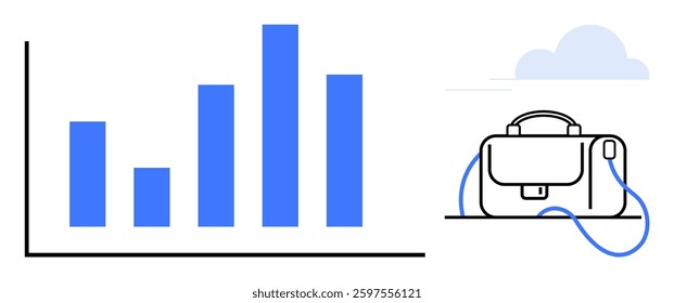 Bar graph with increasing blue bars beside a business briefcase and cloud. Ideal for business presentations, financial reports, career growth, economic data, professional development, startup