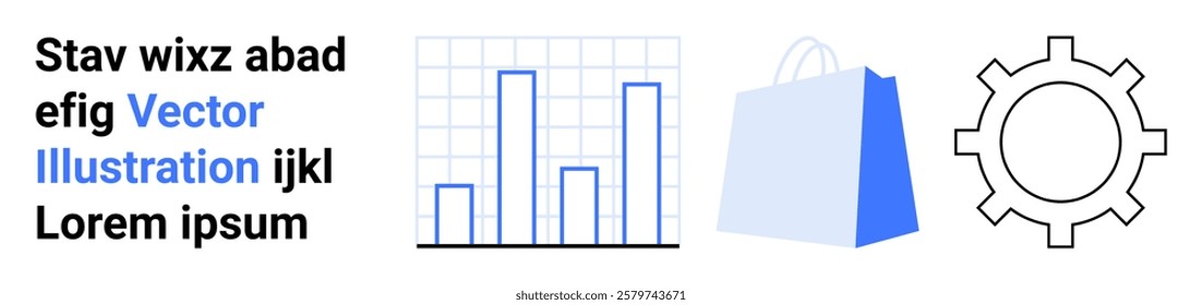 Bar graph indicating performance, blue shopping bag symbolizing commerce, and a gear representing settings or industry. Ideal for business growth, analytics, e-commerce, development