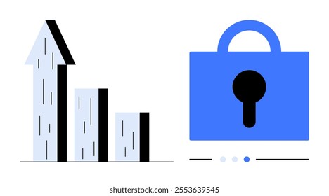 Bar graph indicating upward growth beside a blue padlock symbolizing security. Ideal for themes like data protection, information security, business progress, secure growth, and financial safety