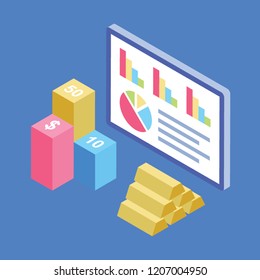 
Bar graph inside a computer with gold stack, financial position
