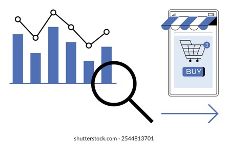 Gráfico de barras e gráfico de linhas ao lado de lupa e tela do telefone celular com carrinho de compras. Ideal para comércio eletrônico, análises, marketing, análise de dados e compras on-line. Estilo plano moderno