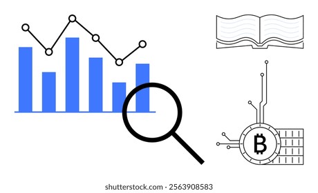 A bar graph and line chart, magnifying glass, open book, and Bitcoin symbol with circuitry. Ideal for financial analysis, education, digital currencies, data visualization, and technology. Simple