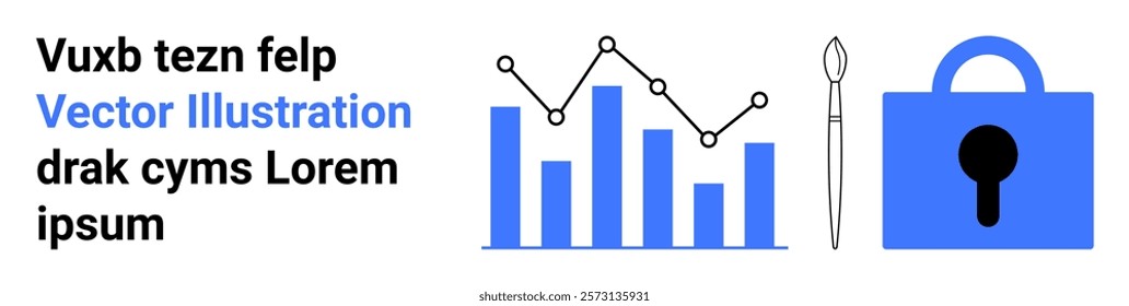 Bar graph and line graph with pen and lock. Ideal for finance analysis, data security, design tools, project management, and digital security themes. Banner for landing page