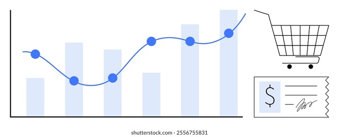 Bar graph with line showing data trends, shopping cart, and receipt. Ideal for e-commerce, data analysis, marketing, financial growth, and business strategies. Modern, clean, simple
