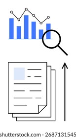 Bar graph line graph stack of papers magnifying glass arrow. Ideal for data analysis, growth, research, business strategy, statistics, documentation, focus. Line metaphor