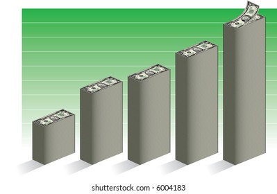 Bar graph made of dollar bills with green, lined background