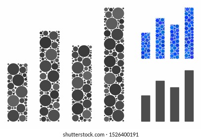 Bar graph mosaic for bar graph icon of filled circles in different sizes and color hues. Vector filled circles are united into blue mosaic. Dotted bar graph icon in usual and blue versions.
