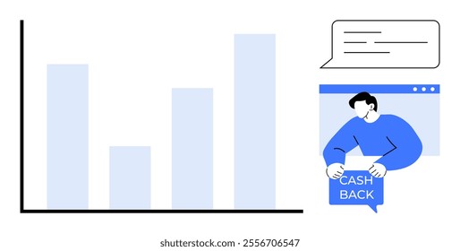 A bar graph on the left in blue hues indicating data growth. On the right, a person is holding a cashback sign, with a speech bubble above. Ideal for financial data, rewards, customer incentives
