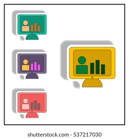 bar graph and online report Vector illustration collection in paper sticker style of man silhouette and column chart on monitor