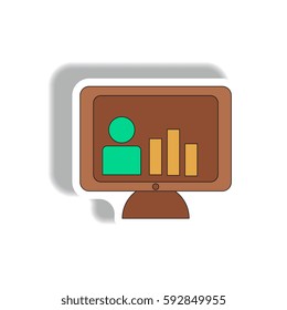 bar graph and online report Vector illustration in paper sticker style of man silhouette and column chart on monitor