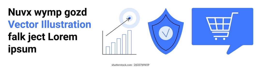 Bar graph, pie chart, shield with check mark, shopping cart in speech bubble. Ideal for business analytics, security, e-commerce, data visualization, online shopping, strategy planning. Landing page