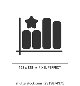 Bar graph pixel perfect black glyph icon. Company rating growth analytics. Customer satisfaction improvement. Silhouette symbol on white space. Solid pictogram. Vector isolated illustration