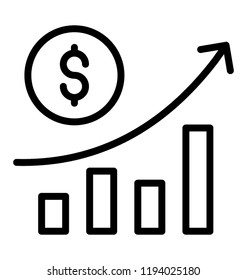 A bar graph with the raised arrow and dollar sign depicting money raise 