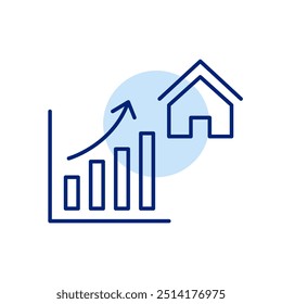 Bar graph with rising trend and house symbol. Real estate market going up. Pixel perfect, editable stroke icon