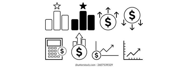 Bar graph, share market, dollar, invest, account, savings icon set. Different black and outlined analytics, scale, calculator, reward, star bar, growth and downfall sign collection illustration.