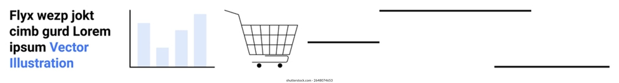 Bar graph, shopping cart, placeholder text. Ideal for e-commerce, online shopping, market analysis, retail business strategies, consumer behavior studies, digital marketing, data presentation. Banner