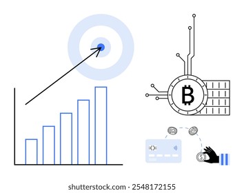 El gráfico de barras muestra una tendencia creciente hacia el ojo de buey. Además de criptomonedas bitcoin con minería digital y Elementos de pago. Ideal para finanzas, inversiones, tecnología, criptomonedas, análisis