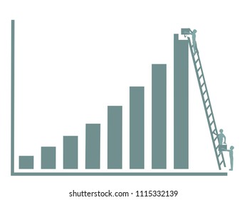 Bar graph with silhouette people physically adding to the top of a bar graph to signify building profit through teamwork.  Part of the Bar Graph Explorers set.  Transparent background in vector file.