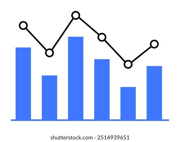 Bar graph with six blue bars of varying heights and black line graph with circular data points. Ideal for data analysis, performance tracking, financial reporting, presentations, and business strategy