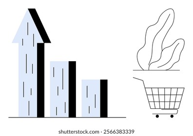 Bar graph with three bars one with arrow pointing up signifying growth leaves and shopping cart. Ideal for business analytics retail sales growth economic trends data visualization and market