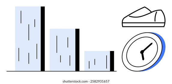 Bar graph with three columns, analog clock with a blue accent, and a sneaker. Ideal for business analytics, time management, productivity, fitness planning, athletic training, efficiency, and goal