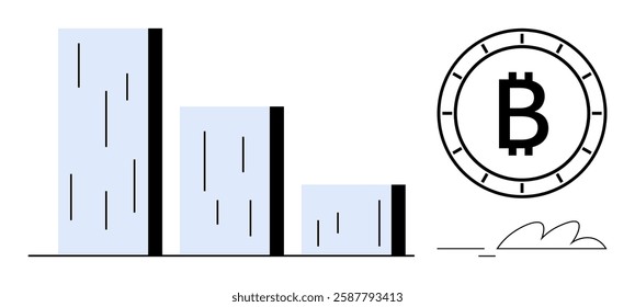 Bar graph with three descending blue bars beside a Bitcoin symbol. Themes cryptocurrency trends, investment analysis, financial decline, market behavior, digital currency monitoring, economic