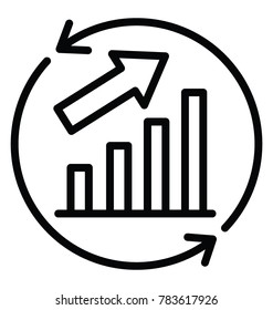 Bar graph with an upward arrow and circular arrows symbolising continuous improvement and growth