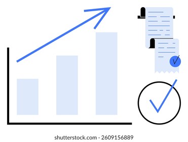 Bar graph with upward arrow. Two financial documents with checkmarks. Large checkmark in circle in minimalist style. Ideal for business growth financial planning project management data analysis