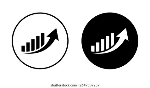 Bar graph with upward curved arrow. Growth, success, and progress symbol in black circle