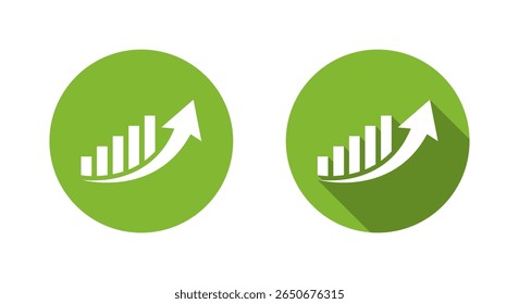 Gráfico de barras con flecha curva hacia arriba. Símbolo de crecimiento, éxito y progreso con una larga sombra