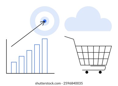 Bar graph with upward trend line, target with arrow, cloud, and shopping cart. Ideal for business growth, sales strategies, e-commerce, cloud computing, and marketing success. Minimalist vector style