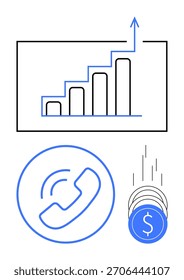 Gráfico de barras com tendência ascendente, ícone de telefone em círculo, pilha de moedas com sinal de dólar. Ideal para negócios, comunicação, finanças, crescimento, marketing, vendas e temas de investimento. Metáfora de linha