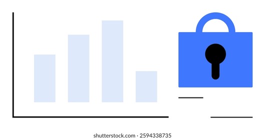 Bar graphs beside a blue lock suggest analyzing data securely. Ideal for data security, business analytics, privacy protection, data management, online security. Modern vector style