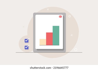 Bar graphs on the clipboard to view statistics or goals. Business growth in a positive direction. Flat style vector illustration.