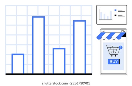 Bar graphs, a smaller comparison chart, and a shopping cart on a mobile device with a blue Buy button. Ideal for business analytics, marketing strategies, data visualization, online shopping trends