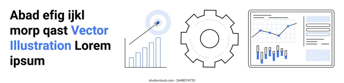 Gráficos de barras, setas de destino, engrenagens, gráficos de linhas e símbolos de análise de dados. Ideal para análises comerciais, visualização de dados, apresentações técnicas, controle de desempenho, planejamento estratégico, otimização