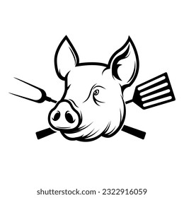 Bar and grill. Pig head with kitchen tools isolated on white background. Design element for restaurant menu, poster. Barbecue invitation card. Vector illustration.