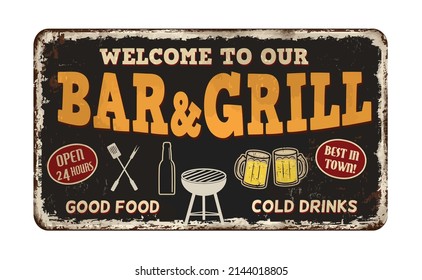 Bar And Grill Vintage Rusty Metal Sign On A White Background, Vector Illustration