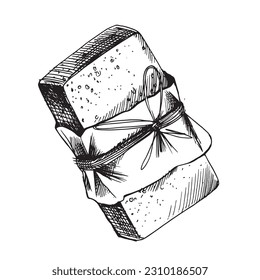 Ein Balken aus handgefertigter Seife, verpackt in Handarbeit und Juteseil. Die Illustration ist handgezeichnet mit schwarzer Tinte, grafisch. EPS-Vektor. Einziger Gegenstand auf weißem Hintergrund.