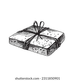 A bar of handmade soap wrapped jute rope. The illustration is hand drawn in black ink, graphic. EPS vector. Isolated object on a white background.