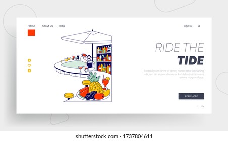 Bar in Hotel, Resort, Night Club Recreation, Party Landing Page Template. Barista Male Character Pouring Alcohol Drink to Wineglass Making Cocktail in Swimming Pool. Linear Vector Illustration