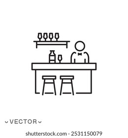 bar icon, bartender behind the counter, drink alcoholic beverages, thin line symbol isolated on white background , editable stroke eps 10 vector illustration