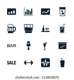 Bar icon. collection of 16 bar filled icons such as clean wine glass, drink, wine bottle and glass, beer mug, chart, ice cream on stick. editable bar icons for web and mobile.