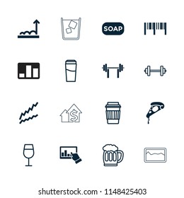 Bar icon. collection of 16 bar filled and outline icons such as pizza, graph, drink, cocktail, barbell, beer mug, soap, barcode, chart. editable bar icons for web and mobile.